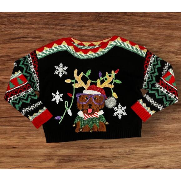 33 Degrees Christmas Sweater Women Med Black Red Dog Graphic Ugly Sweater Jingle - Picture 1 of 9